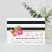水彩フローラ白黒ストライプ結婚式RSVP 出欠カード (スタンド正面)