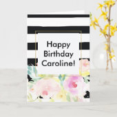 水彩フローラ白黒ストライプ カード (黄色い花)