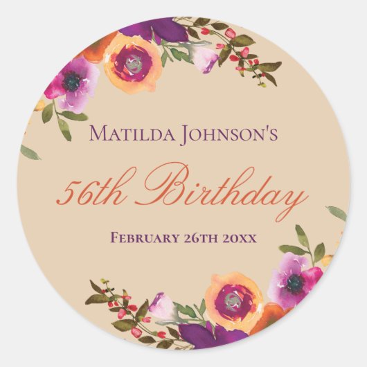 水彩フローラ秋誕生日パーティー ラウンドシール (正面)