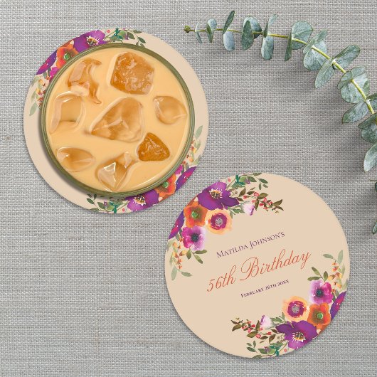 水彩フローラ秋誕生日パーティー ラウンドペーパーコースター