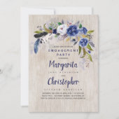 水彩フローラ素朴ネイビー婚約パーティ 招待状 (正面)