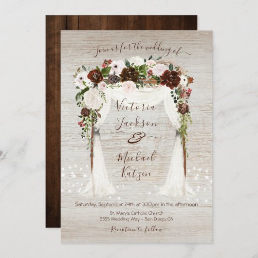 水彩フローラ素朴バーンウッドキャノピー結婚ズ 招待状 (正面/裏面)