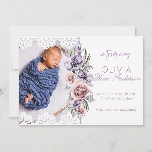 水彩フローラ紫ガール誕生のお知らせ 招待状 (正面)