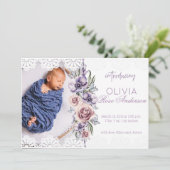 水彩フローラ紫ガール誕生のお知らせ 招待状 (スタンド正面)