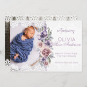 水彩フローラ紫ガール誕生のお知らせ 招待状 (正面/裏面)