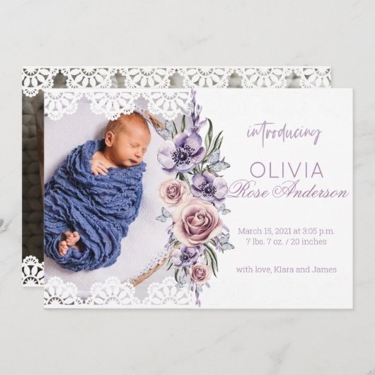 水彩フローラ紫ガール誕生のお知らせ 招待状 (正面/裏面)