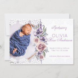 水彩フローラ紫ガール誕生のお知らせ 招待状