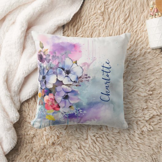 水彩フローラ紫パーソナライズされた クッション (ブランケット)
