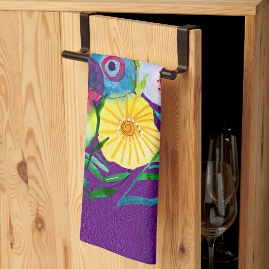 水彩フローラ紫色の花 キッチンタオル (三つ折り)