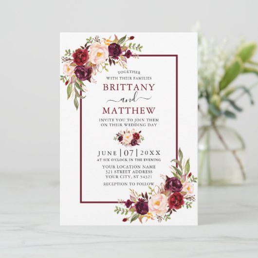 水彩フローラ結婚のバーガンディーフレーム 招待状 (スタンド正面)