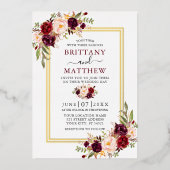 水彩フローラ結婚のバーガンディ2フレーム金ゴールド 箔招待状 (正面)