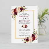 水彩フローラ結婚のバーガンディ2フレーム金ゴールド 箔招待状 (立ち正面)