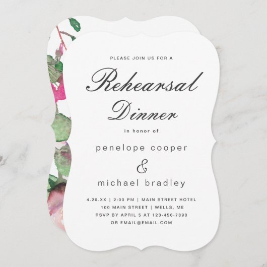 水彩フローラ結婚のリハーサルディナーカード 招待状 (正面/裏面)