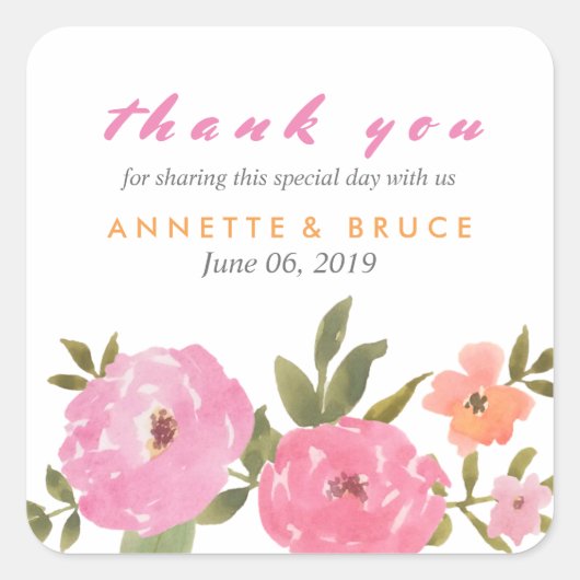 水彩フローラ結婚の感謝 スクエアシール (正面)