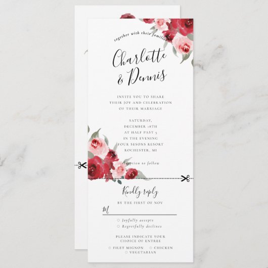 水彩フローラ結婚の招待rsvpが添付されました 招待状 (正面/裏面)