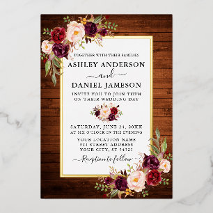 水彩フローラ結婚の木材素朴金ゴールド 箔招待状