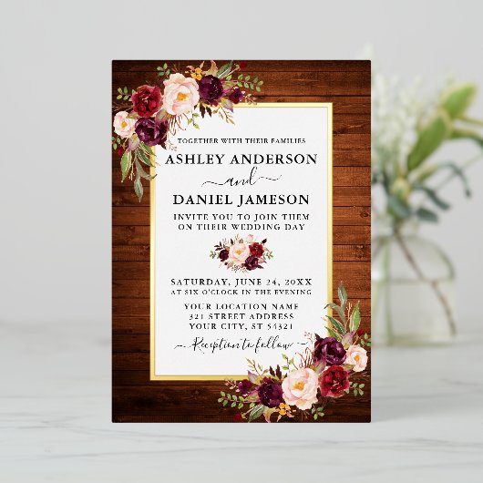 水彩フローラ結婚の木材素朴金ゴールド 箔招待状 (立ち正面)