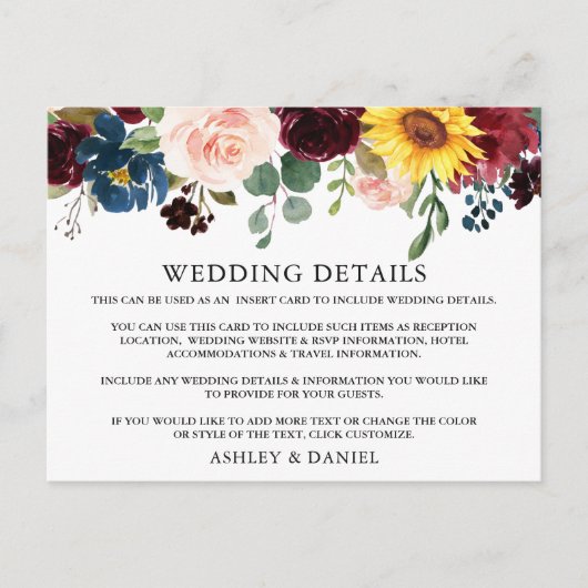 水彩フローラ結婚の詳細挿入カード ポストカード (正面)
