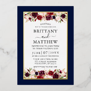 水彩フローラ結婚の青エレガント金ゴールド 箔招待状