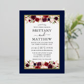 水彩フローラ結婚の青エレガント金ゴールド 箔招待状 (立ち正面)