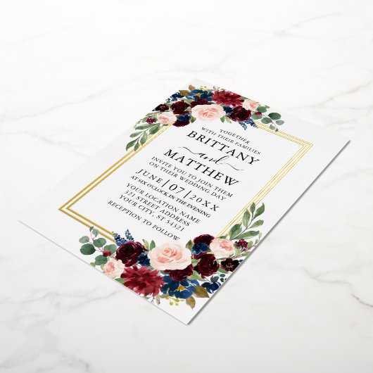 水彩フローラ結婚の青2フレーム金ゴールド 箔招待状 (回転した状態)