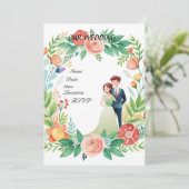 水彩フローラ結婚ズカップル – ロマンチックな庭園 招待状 (スタンド正面)