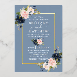 水彩フローラ結婚ズピンクダスティブルー金ゴールド 箔招待状