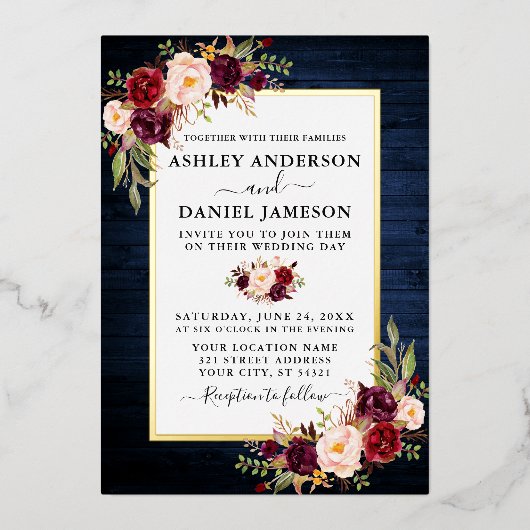 水彩フローラ結婚ズブルーウッド金ゴールド 箔招待状 (正面)