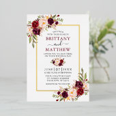 水彩フローラ結婚ズBurgundy Photo金ゴールド 箔招待状 (立ち正面)
