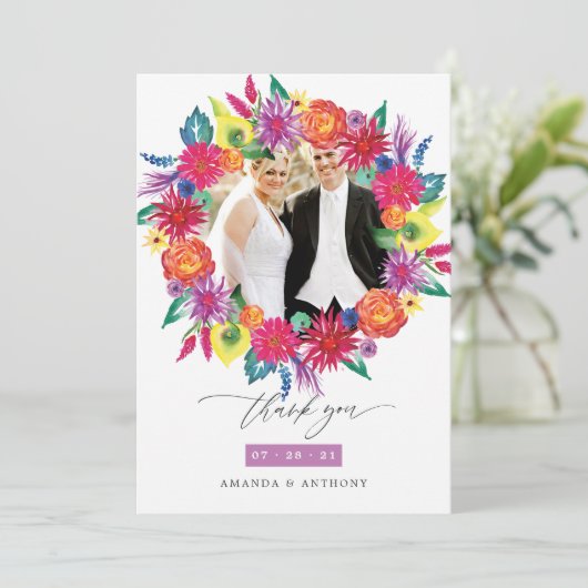 水彩フローラ結婚フィエスタの写真コラージュ サンキューカード (スタンド正面)