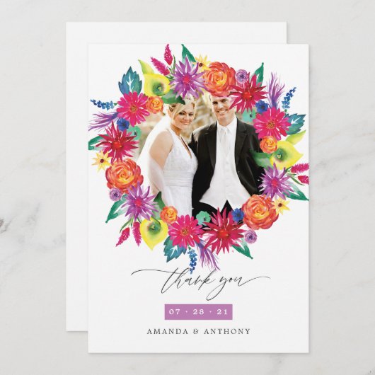 水彩フローラ結婚フィエスタの写真コラージュ サンキューカード (正面/裏面)