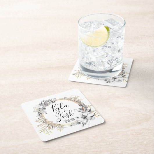 水彩フローラ結婚リースパーソナライズされた スクエアペーパーコースター (インサイチュ)