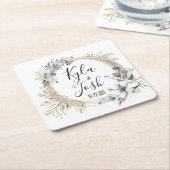 水彩フローラ結婚リースパーソナライズされた スクエアペーパーコースター (アングル)