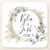 水彩フローラ結婚リースパーソナライズされた スクエアペーパーコースター (正面)
