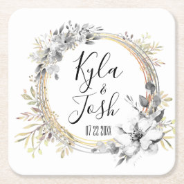 水彩フローラ結婚リースパーソナライズされた スクエアペーパーコースター