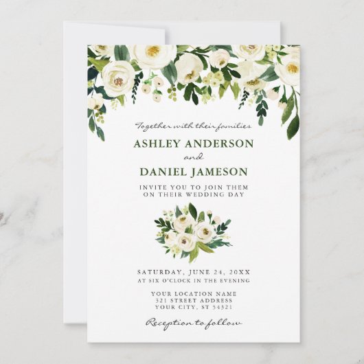水彩フローラ結婚写真の緑 招待状 (正面)