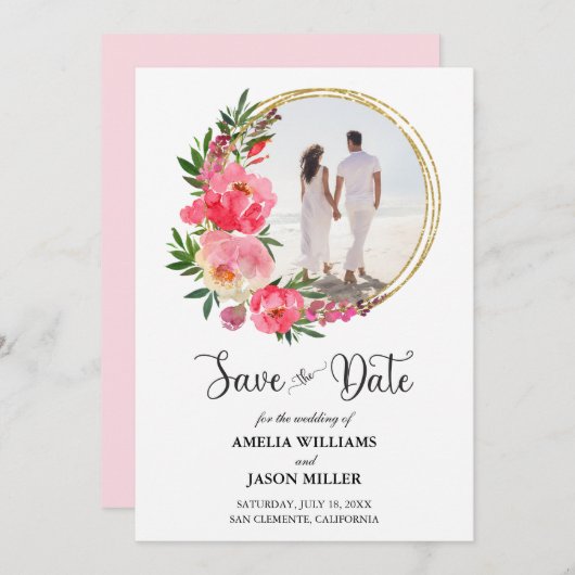 水彩フローラ結婚式の日付を保存 (正面/裏面)