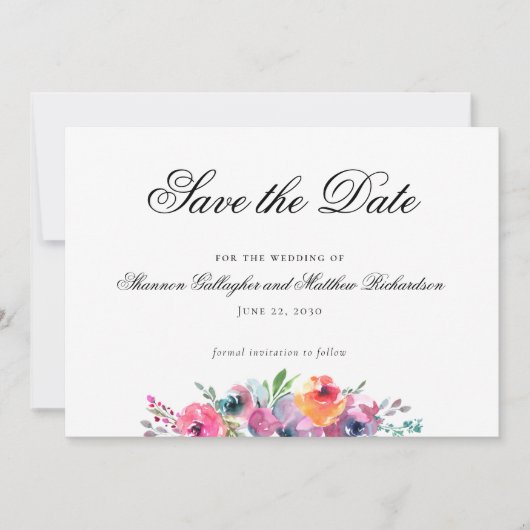 水彩フローラ結婚式の日付写真を保存 案内状 (正面)