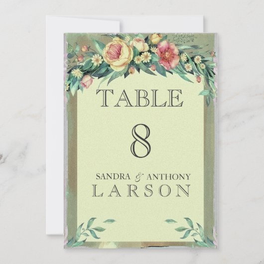 水彩フローラ結婚緑の表の番号 招待状 (正面)