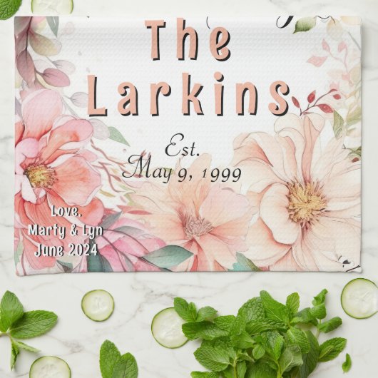 水彩フローラ結婚記念日パーソナライズされた キッチンタオル (折り畳み)