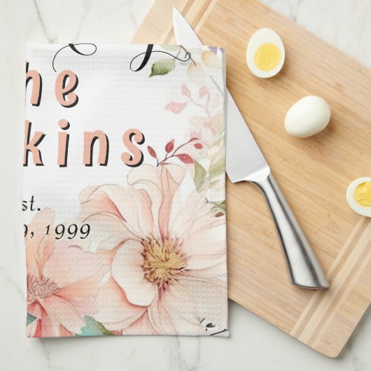 水彩フローラ結婚記念日パーソナライズされた キッチンタオル (四つ折り)