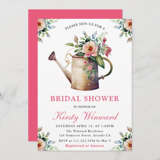 水彩フローラ給水缶ブライダルシャワー 招待状 (正面/裏面)