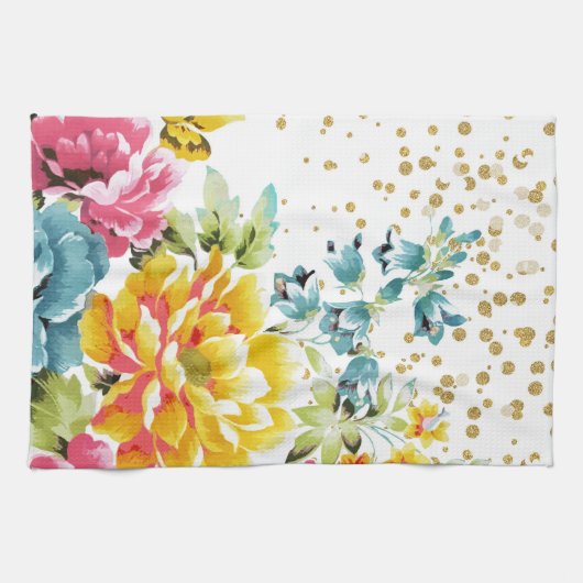 水彩フローラ絵を描と金ゴールド紙吹雪アートワーク キッチンタオル (横)