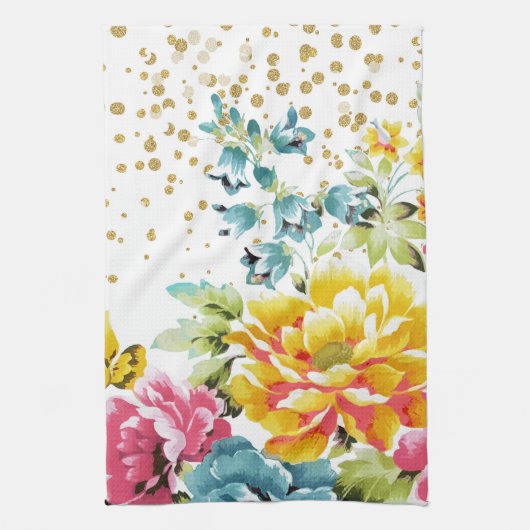 水彩フローラ絵を描と金ゴールド紙吹雪アートワーク キッチンタオル (縦)