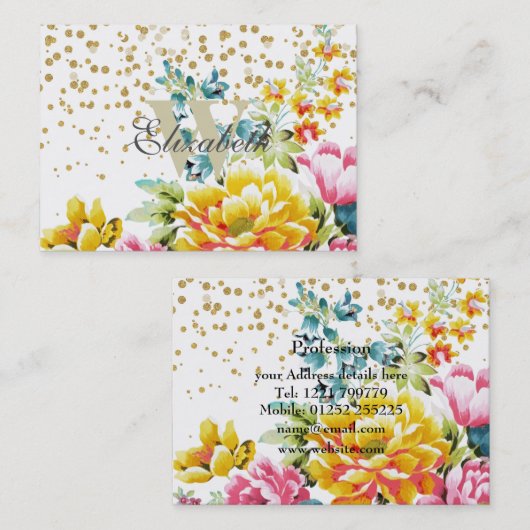 水彩フローラ絵を描と金ゴールド紙吹雪アートワーク 名刺 (正面/裏面)