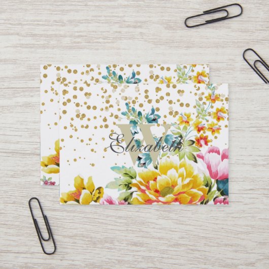 水彩フローラ絵を描と金ゴールド紙吹雪アートワーク 名刺 (正面/裏面インサイチュ)