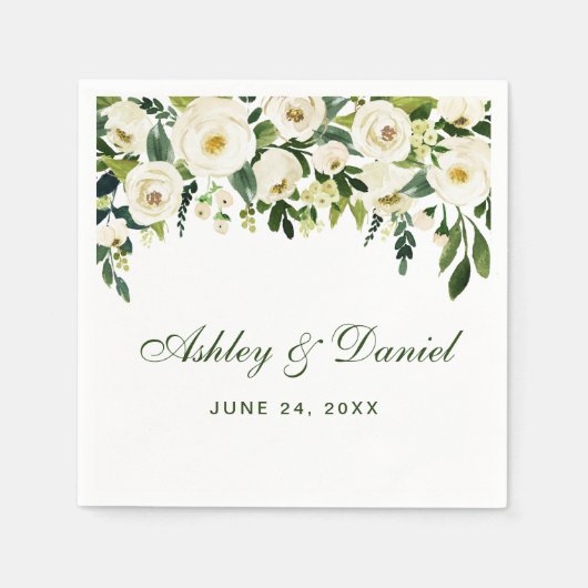水彩フローラ緑と白結婚色 スタンダードカクテルナプキン (正面)
