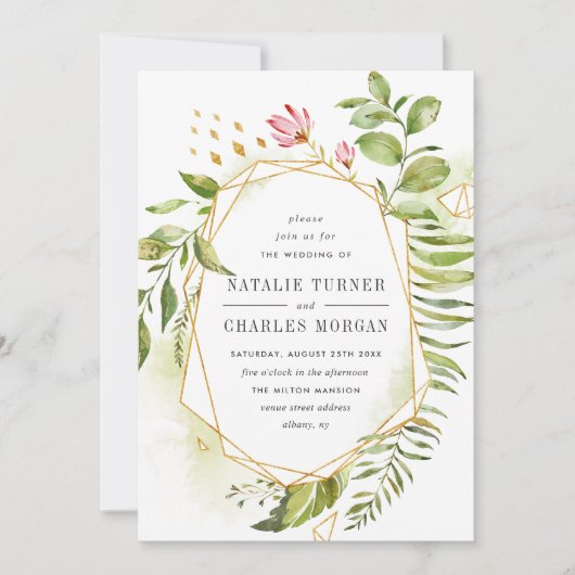 水彩フローラ緑の葉結婚式招待状 招待状 (正面)