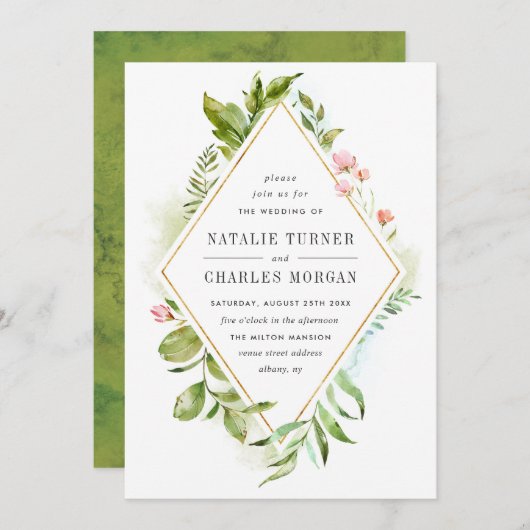 水彩フローラ緑の葉結婚式招待状 招待状 (正面/裏面)