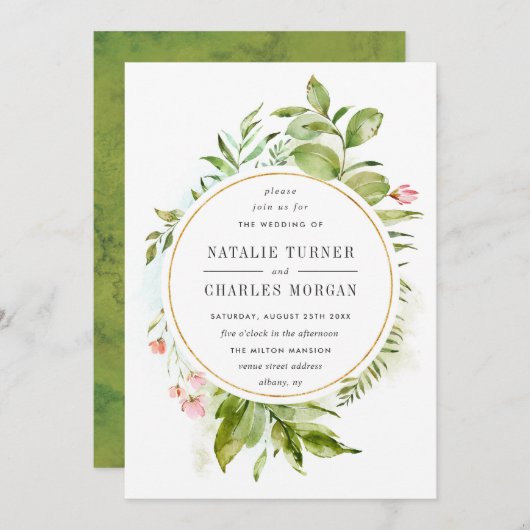 水彩フローラ緑の葉結婚式招待状 招待状 (正面/裏面)